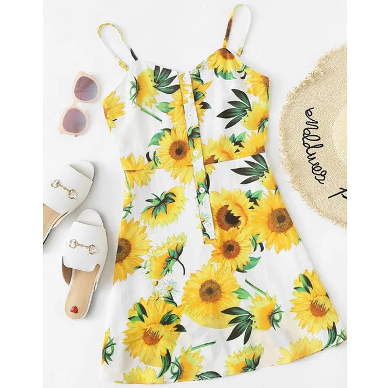 New Fashion Womens Ladies Boho Floral Printed Mini Dress Summer Strapless Dresses Button Bohemian Sleeveless V-neck Empire | Женская