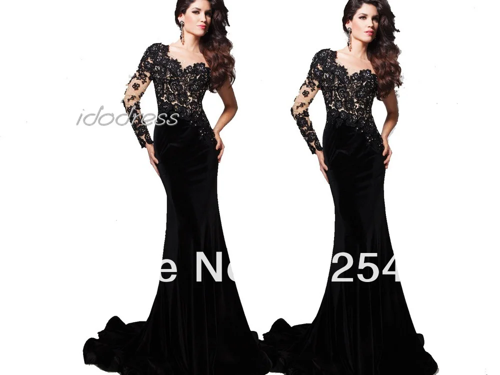 

One Shoulder Black Lace Prom Dress 2013 New Fashion Sheath Satin Beads Sequin Floor lenght MK08A56