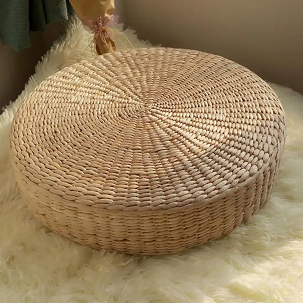 Hot 40cm*40cm Natural Straw Round Pouf Tatami Cushion Weave Handmade Pillow Floor Japanese Style Cushion with Silk Wadding