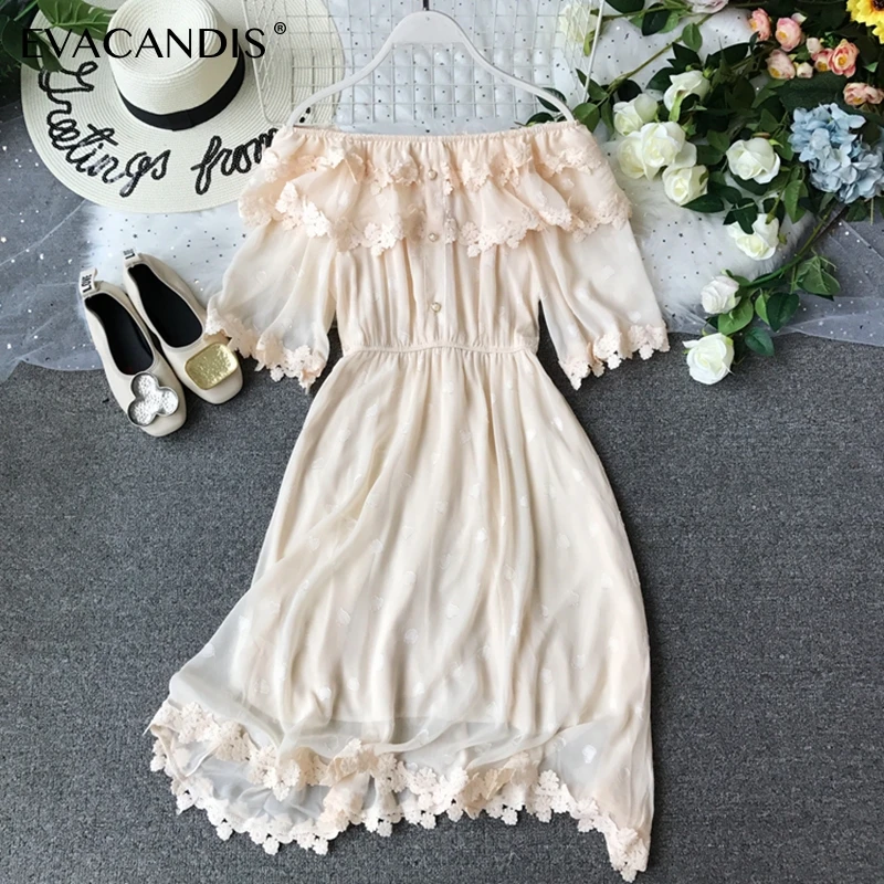 

Lace Ruffle Midi Summer Dress Off Shoulder Korean Vintage Elegant Plus Size Tunic White Pink Boho Beach Dress Women Vestidos