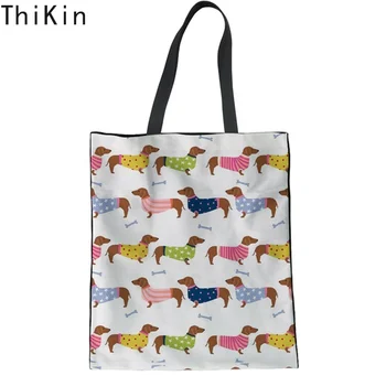 

THIKIN Cute Colorful Puppy Dachshund Print Woman Cotton Shopping Tote Bags Fashion Folding Cloth Bag Big Recyle Shopper Bag