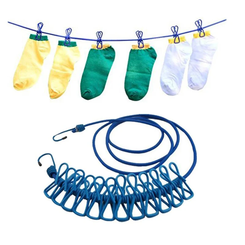 Portable Retractable Clothesline Rope With Clips Outdoor Camping Laundry Drying Supplies Windproof PVC Stainless Steel 12Clips (1)