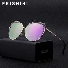FEISHINI Brand Metal Frame Rose Gold Cateye Sunglasses Ladies Mirror 2019 Fashion Trendy Womens Glasses UV Protector Gradient