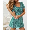 Chiffon Summer Dress Women Polka Dot Bow Boho Beach Dress Vintage Short Sleeve A-Line Party Mini Dress Sexy Sundress Vestidos Dress Women's Women's Clothing