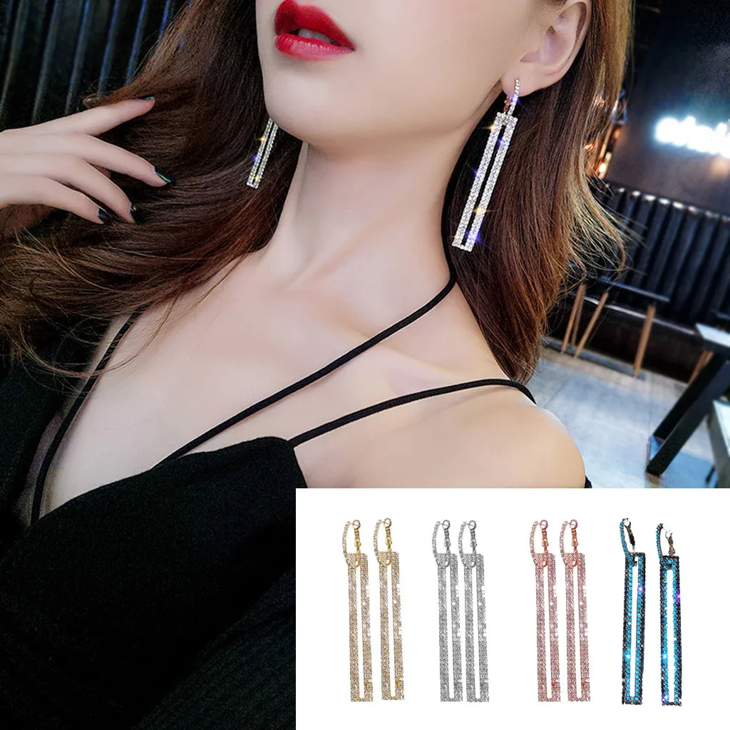 

2019 Fashion Long Geometric Drop Earrings Luxury Gold Silver Color Rectangle Rhinestone Earring For Women Party Jewelry Gifts