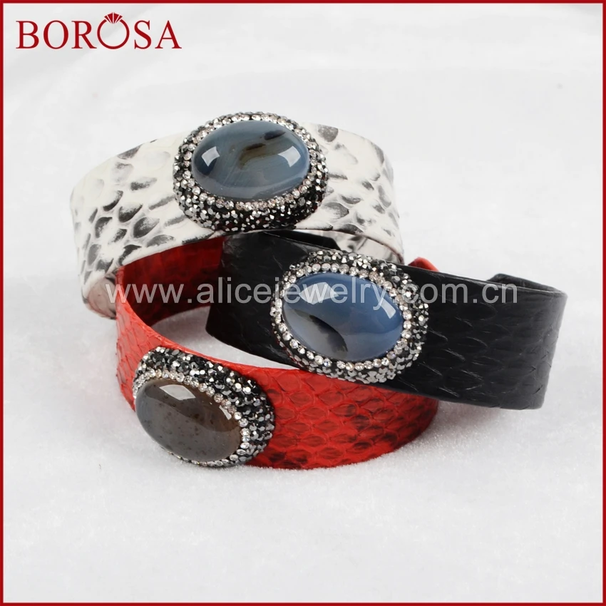 

BOROSA Multi-color Snakeskin Cuff Bangles with Big Natural Druzy Stones Pave Rhinestone Drusy Gems Bangles Bracelets JAB502
