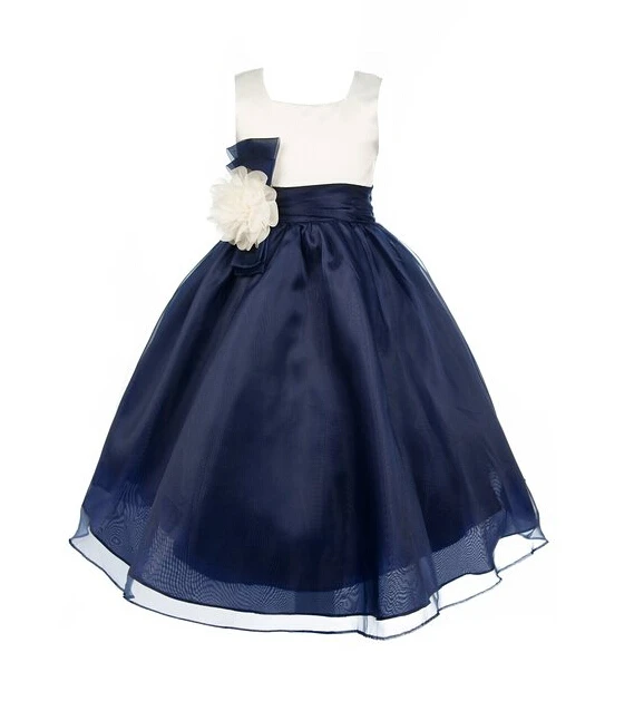 

2014 Hot A-line and two-color ankle length flower girl dress with handmade flower belt for wedding party dresses