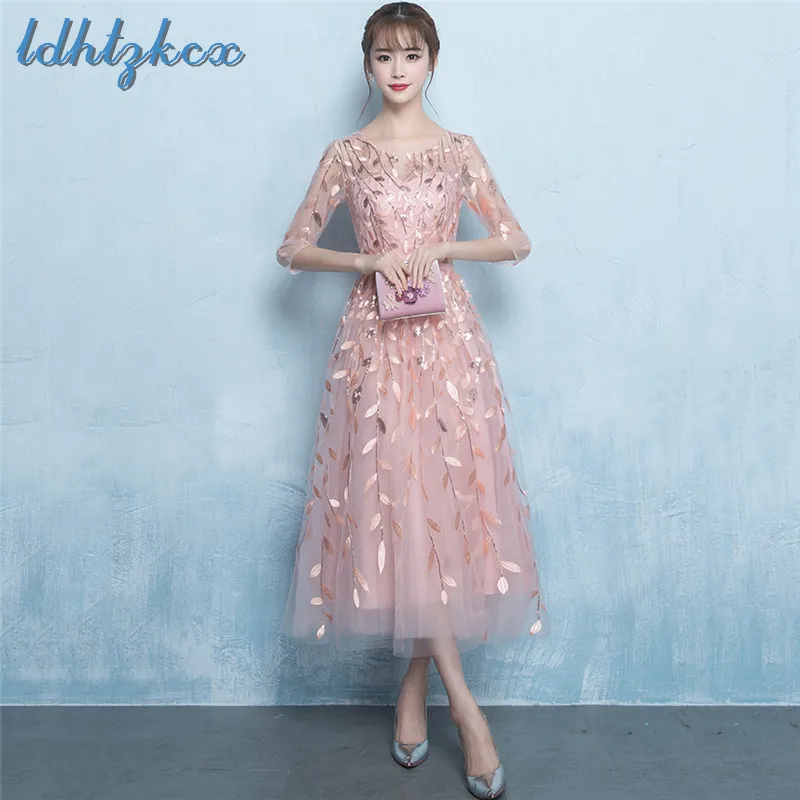 

Pink Floral Print Three Quarter Sleeve Long Dress Women 2018 Autumn Fashion Fresh Sweet Banquet Party Zippers A-Line Dress LD456