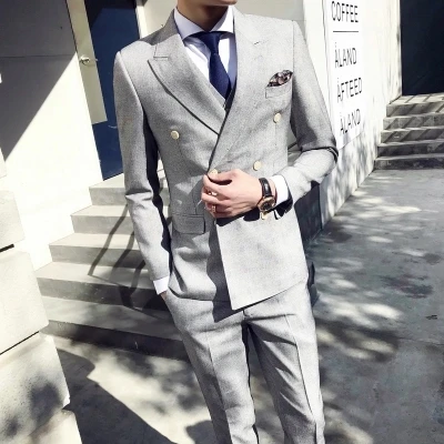 Wemaliyzd Mens Double Breasted 2 Piece Houndstooth Tuxedo Suit Peak Lapel Blazer