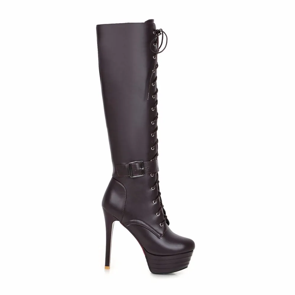 Rodilla Upshoes Mujeres Thin Invierno Sexy Botas blanco Beige Hebilla Moda Plataforma marrón Beige Tacón Encaje Marrón Alto Negro negro Blanco nxYr4Ywd