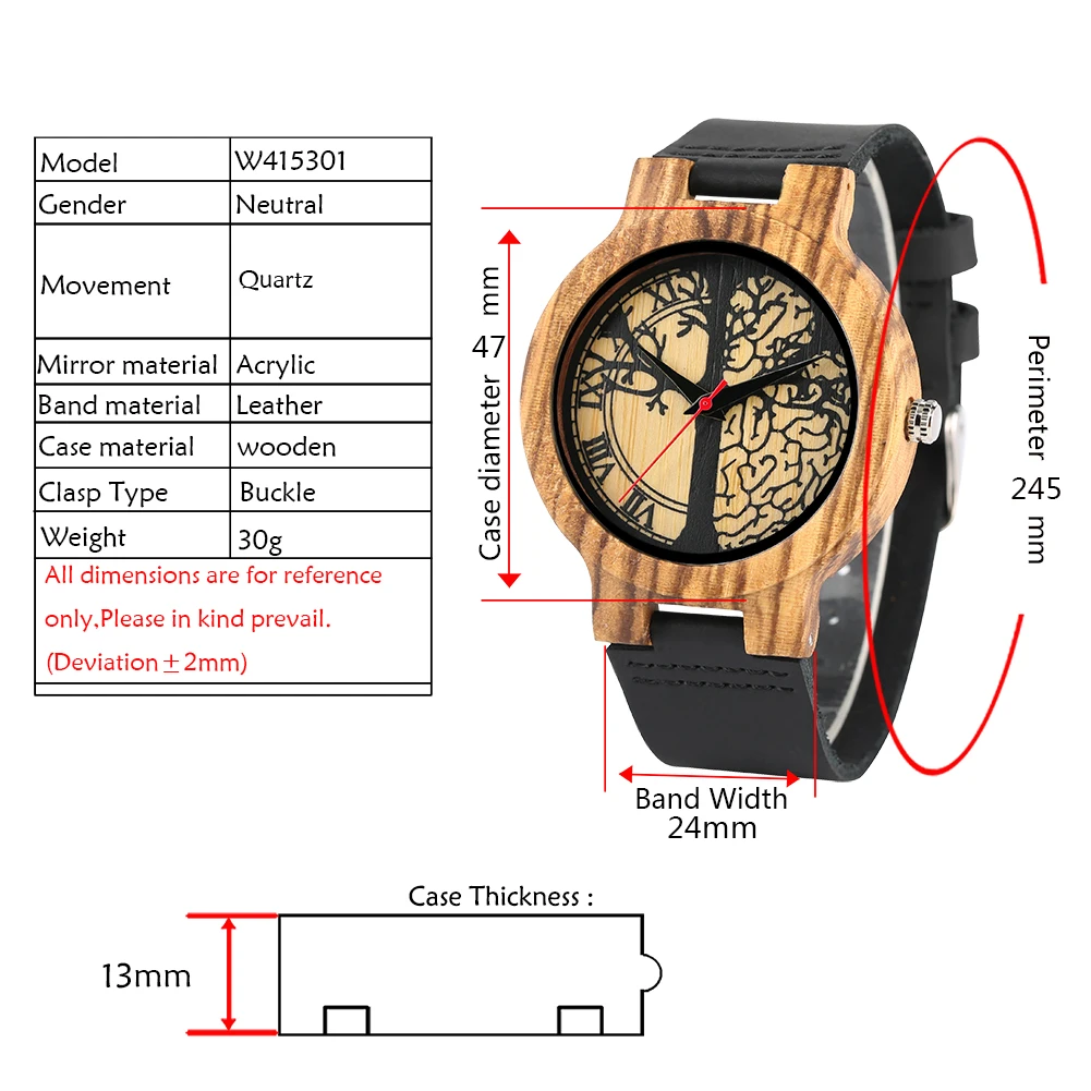 Деревянные часы мягкий кожаный ремешок дерево жизни циферблат часы натуральный кварц деревянные часы Подарки для мужчин и женщин