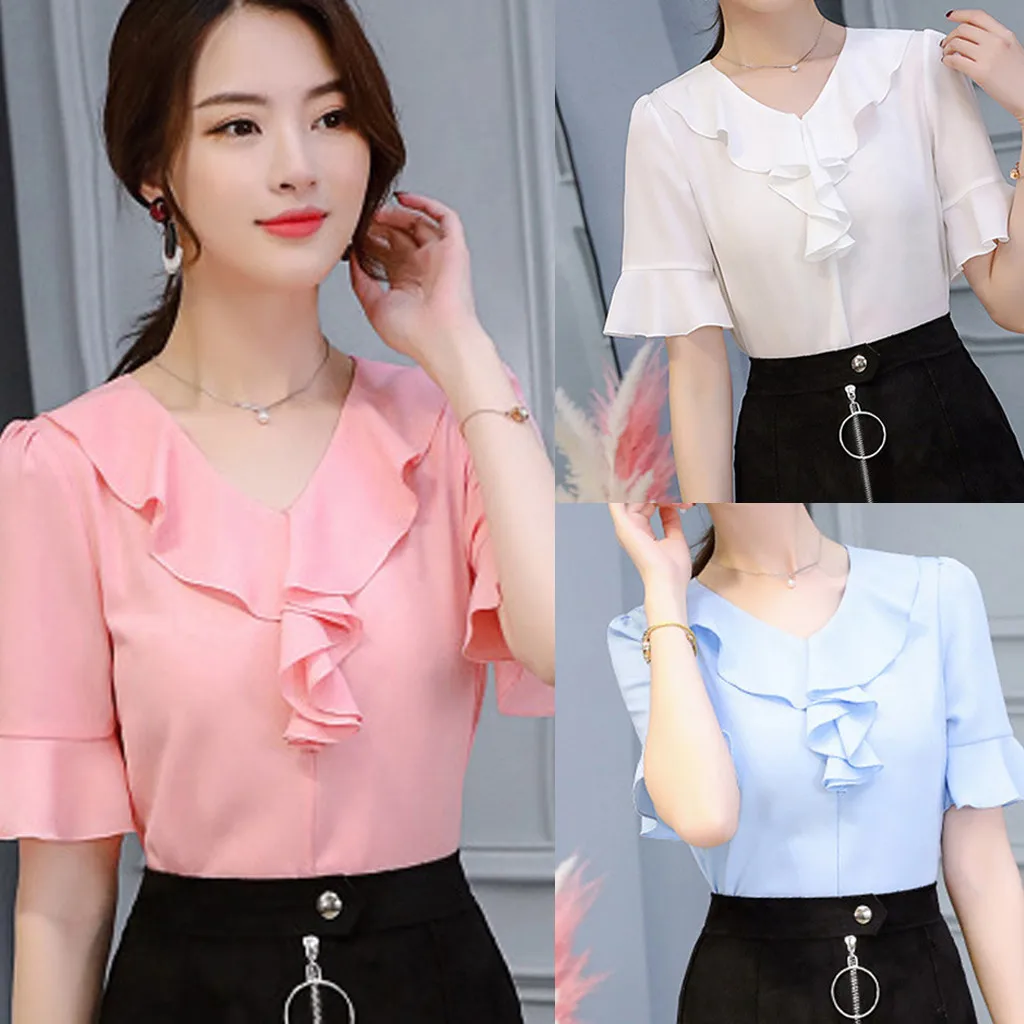 

Women Work Office Half-sleeve Solid Color Casual Chiffon Plus Shirt Top 2019 New Drop Shipping