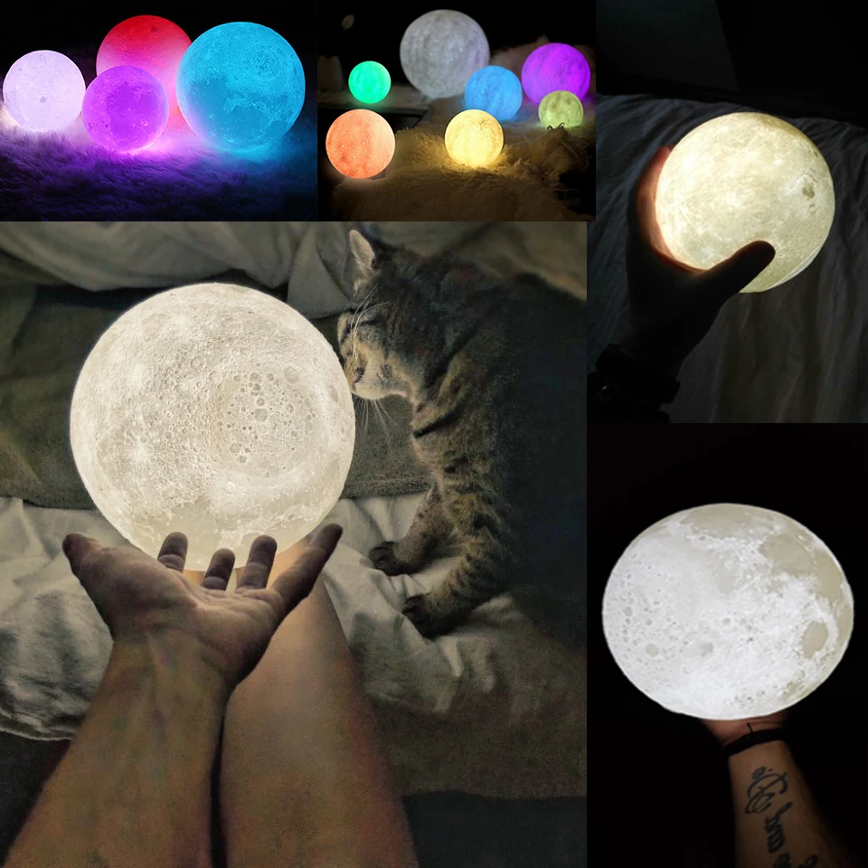 Rechargeable 3D Print Moon Lamp 2 Color 16 colors Change Touch Switch Bedroom Bookcase Night Light Home Decor Creative Gift