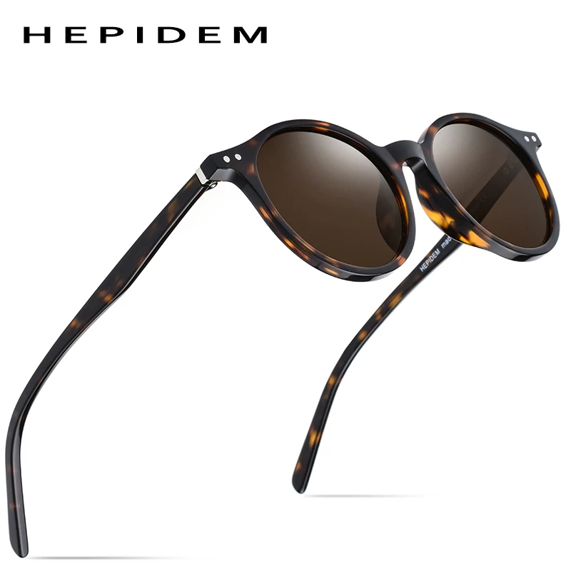 HEPIDEM ацетатные поляризованные солнцезащитные очки для мужчин винтажные Ретро Круглые Солнцезащитные очки для женщин фирменный дизайн прозрачные солнцезащитные очки - Цвет линз: Leopard Tea