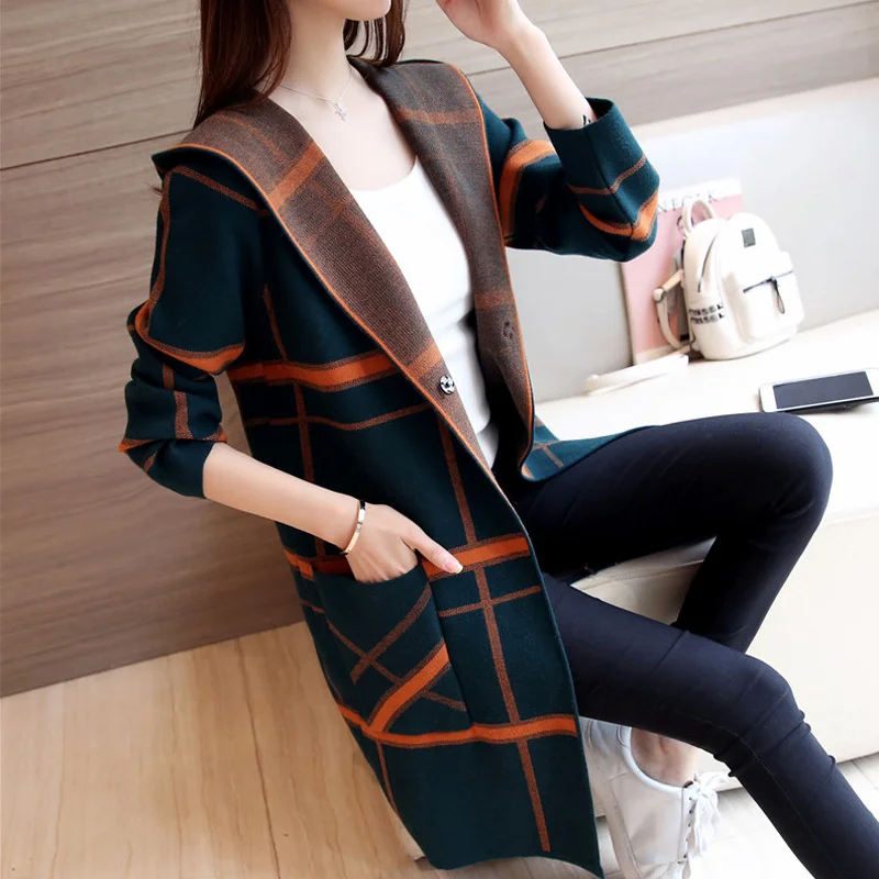 

Long Plaid Sweater Cardigan Female 2019 New Women's Knit Jackets Female Winter Thickening Wild Loose Warmer Hooded Sweaters