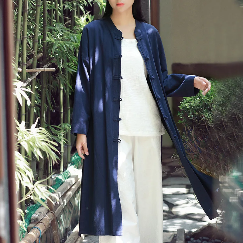2019 Johnature Blanc Solide Long Manteaux Trench Coton Printemps Femmes Chinois Lâche Nouveau marine Bleu Style Lin Couleur Vintage coats Stand FrWr84Cc