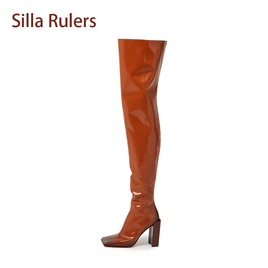 

Silla Rulers 2018 New Boots Over the knee squared toe block heel fashion patent leather vintage bootie runway stage bota women