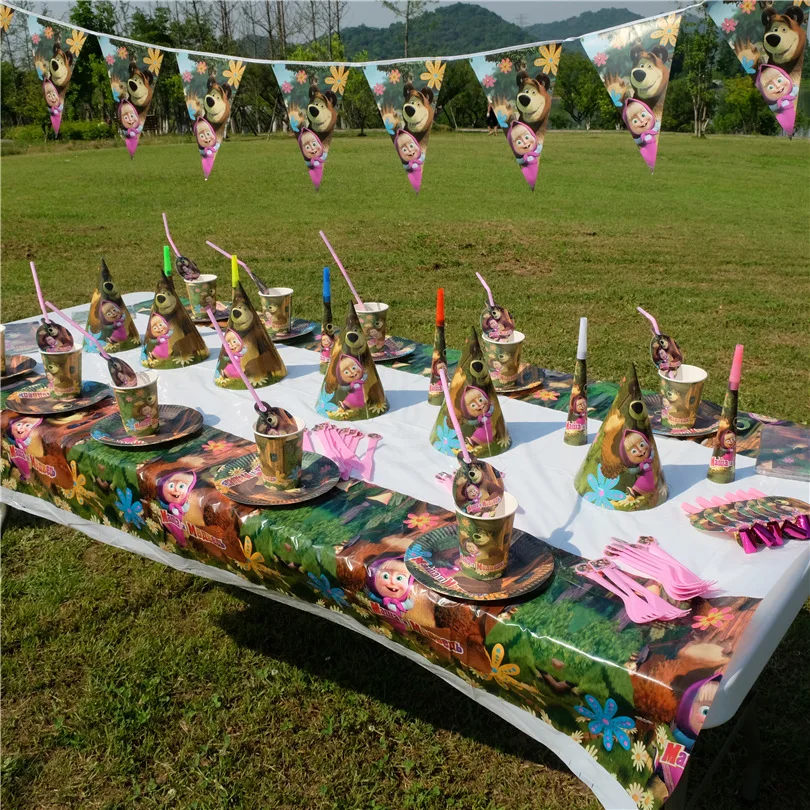 

80pcs/lot for 10 children have cartoon masha and bear theme birthday party disposable tableware horns blowout hat banner