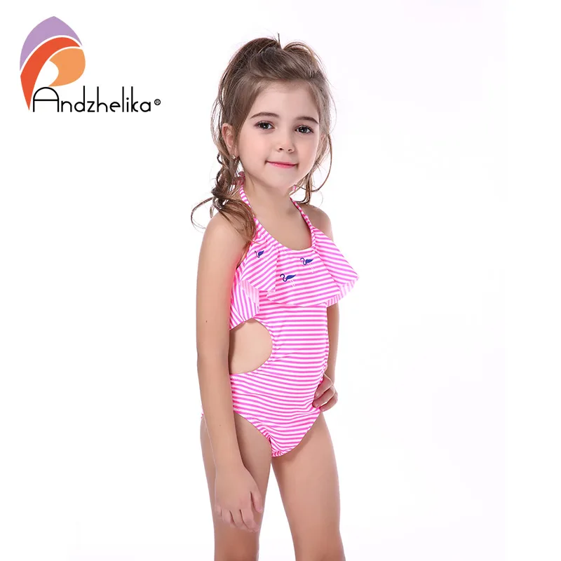 Andzhelika/детская одежда для купания; слитный купальник в полоску с принтом животных; купальник с принтом в виде птиц для девочек; купальный костюм