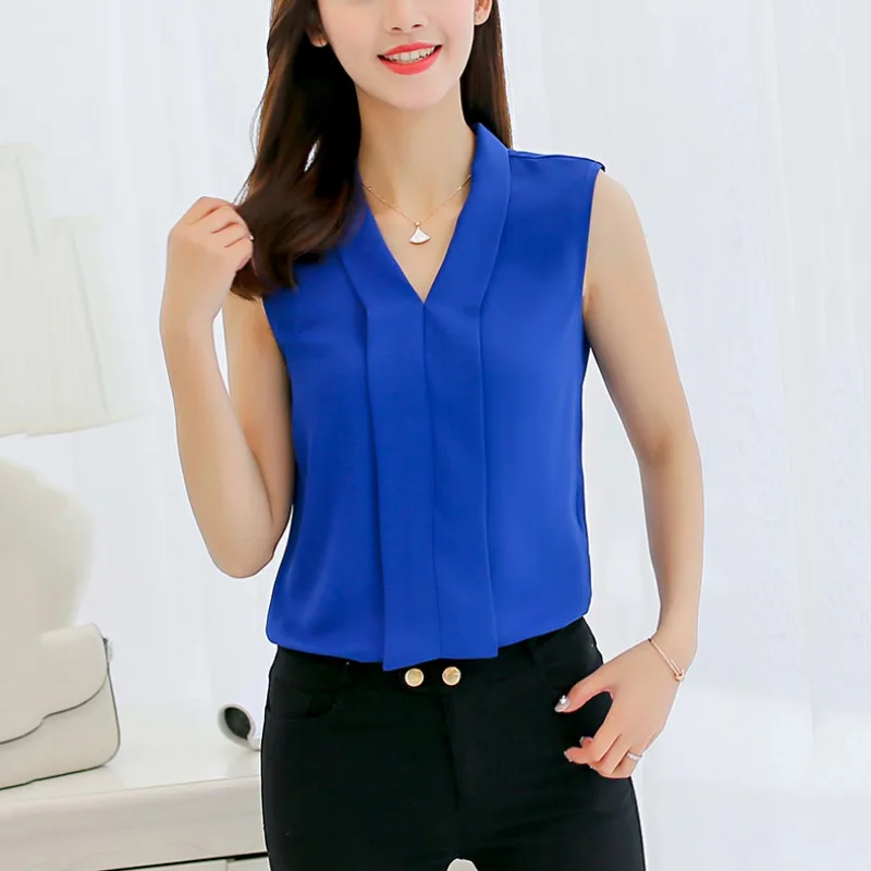 Летние женские шифоновые блузки без рукавов с v-образным вырезом, повседневные свободные офисные женские топы, женские блузки mujer de moda - Цвет: Синий