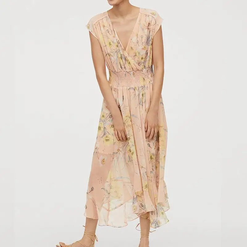 Women Chiffon Dresses Summer 2019 New Arrival Boho People Floral Prints Pattern Empire Elastic Waist Female Sleeveless Dress | Женская