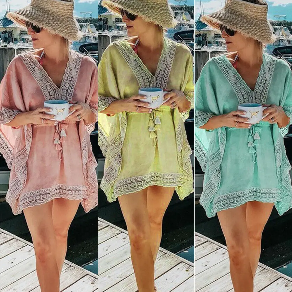 

Swimsuits Cover Up Summer Women V-Neck Lace Loose Bikini Swimwear Cover-Ups Beach Dress