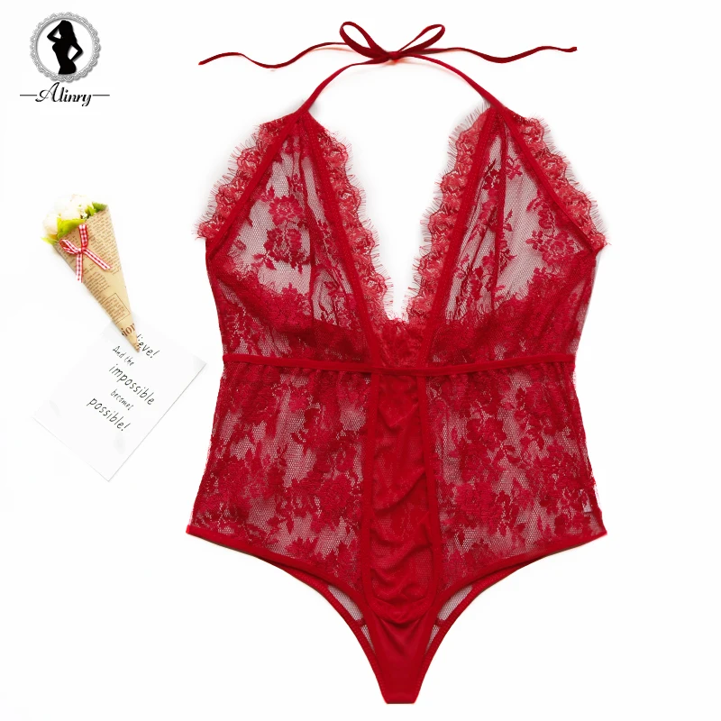ALINRY Lace Bodysuit Women 2019 Sexy Lingerie Transparent Mesh Erotic Teddy Plus Size Halter