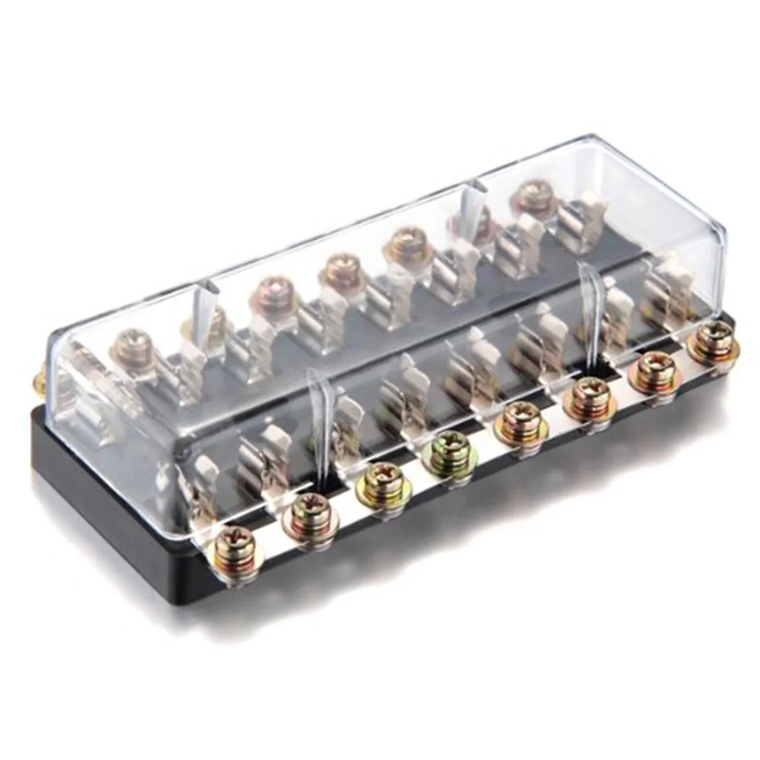 Product description:8 way fuse box for AGC and JSO fuses, 1 in and 8 out, the maximum load 120A, the maximum load per way 20A, voltage 12V.