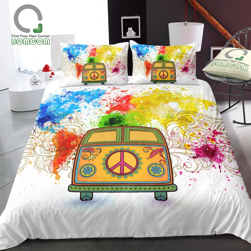 Bomcom 3d Digital Printing Camper Van Colored World Map Peace Sign