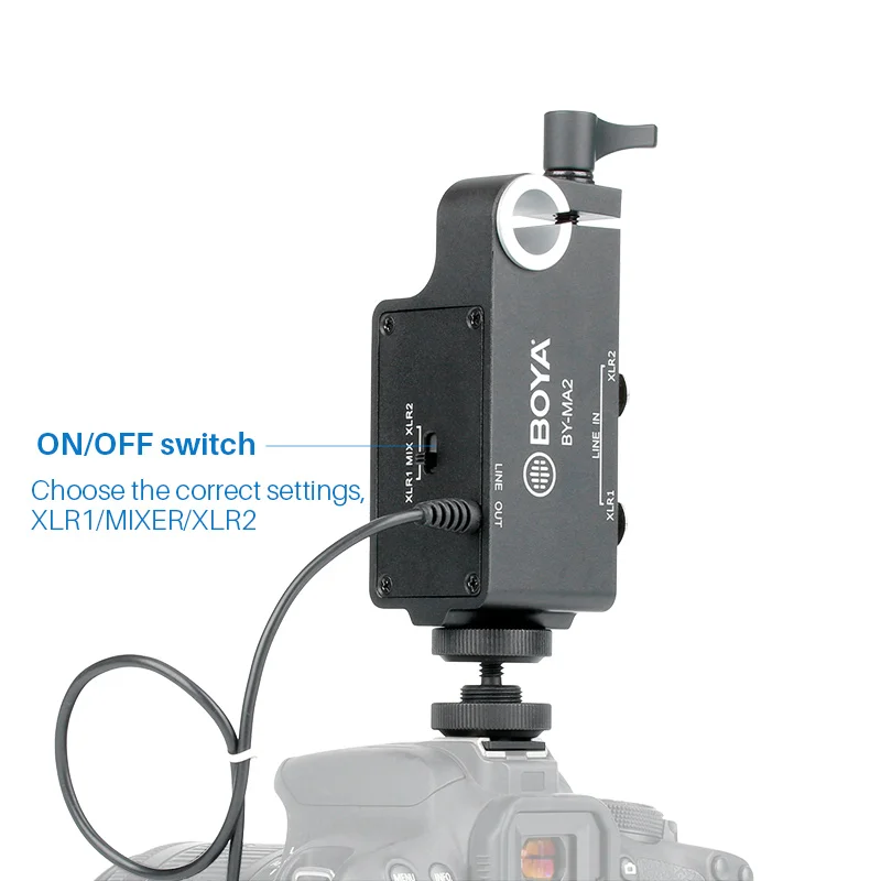 

BOYA BY-MA2 Dual-Channel XLR Audio Mixer with 6.35mm input 3.5mm Jack for Canon Nikon DSLR Camcorders Wireless Microphone System