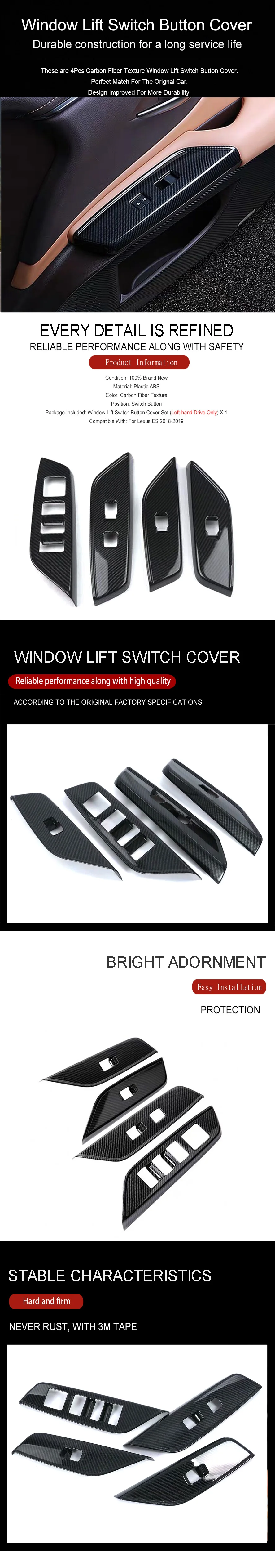 Wooeight 4Pcs Carbon Fiber Car Inner Door Armrest Window Lift Switch Button Protection Cover Trim For Lexus ES 2018 2019 LHD (7)