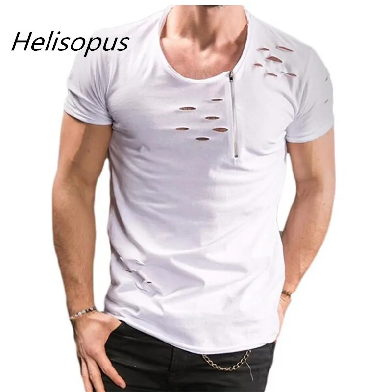 Helisopus 2019 Мужская модная футболка с коротким рукавом дырками на молнии одежда