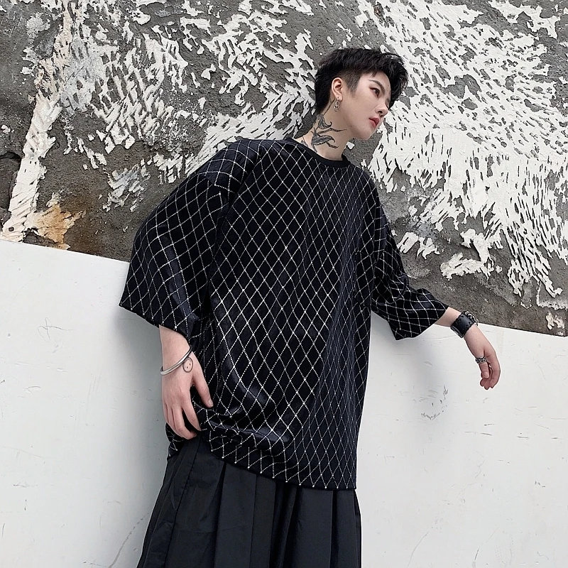 

Men's T-shirt 2019 summer new slim plaid print round neck short-sleeved T-shirt loose casual personality youth men's wear