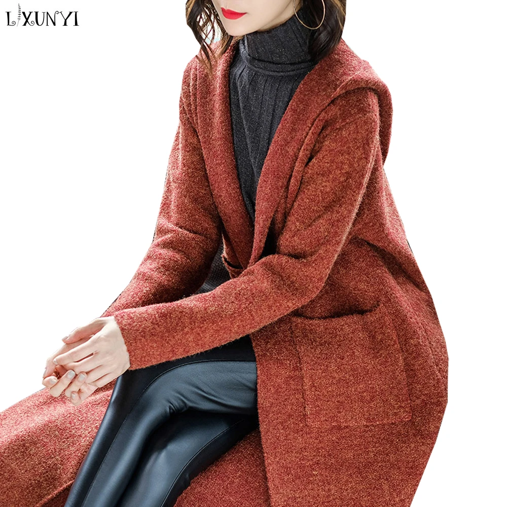 #^Special Price LXUNYI Autumn Women Long Hooded Cardigan Sweater Open Stitch Loose Long Sweater Coat Ladies Pockets Knitwear Sweaters Female #^Special Price LXUNYI Autumn Women Long Hooded Cardigan Sweater Open Stitch Loose Long Sweater Coat Ladies Pockets Knitwear Sweaters Female