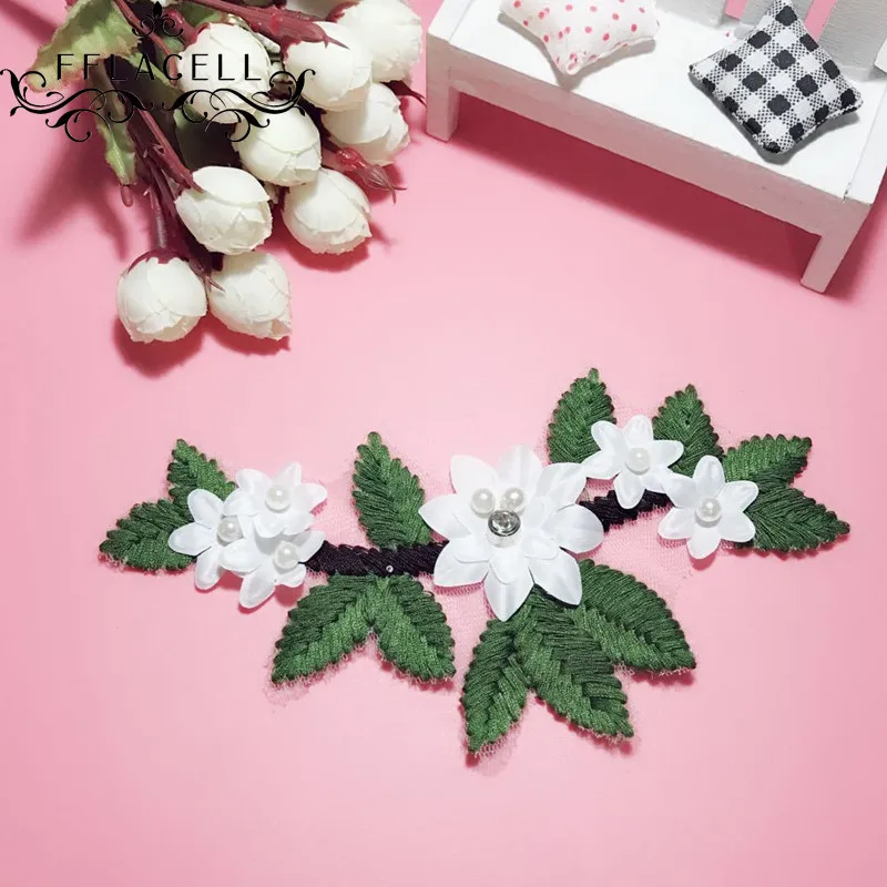 

FFLACELL Rhinestone Wedding Dress Floral Embroidery Sewing Patch Beaded Lace Applique Flower Trims DIY Craft