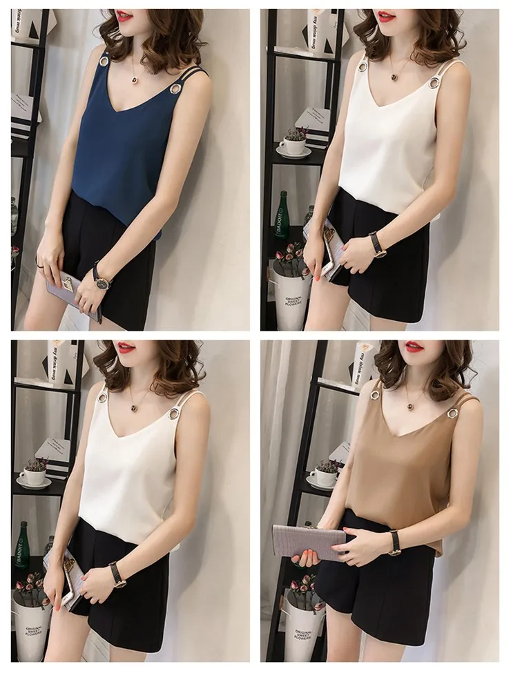 Summer Chiffon Blouse Shirt Women Plus Size Tops Mujer Strap Blusas Femininas Shirts V-neck Sleeveless Blouses Femme Tops 2018  (1)