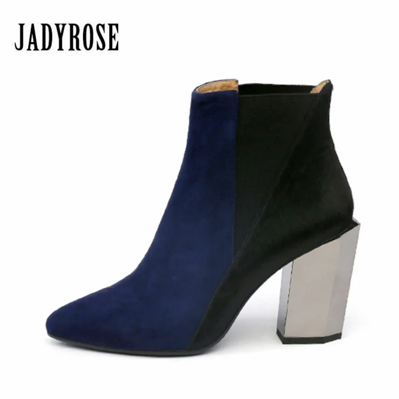 

Jady Rose Patchwork Women Autumn Winter Ankle Boots Pointed Toe Chunky High Heel Chelsea Boots Horsehair Slip On Botas Mujer