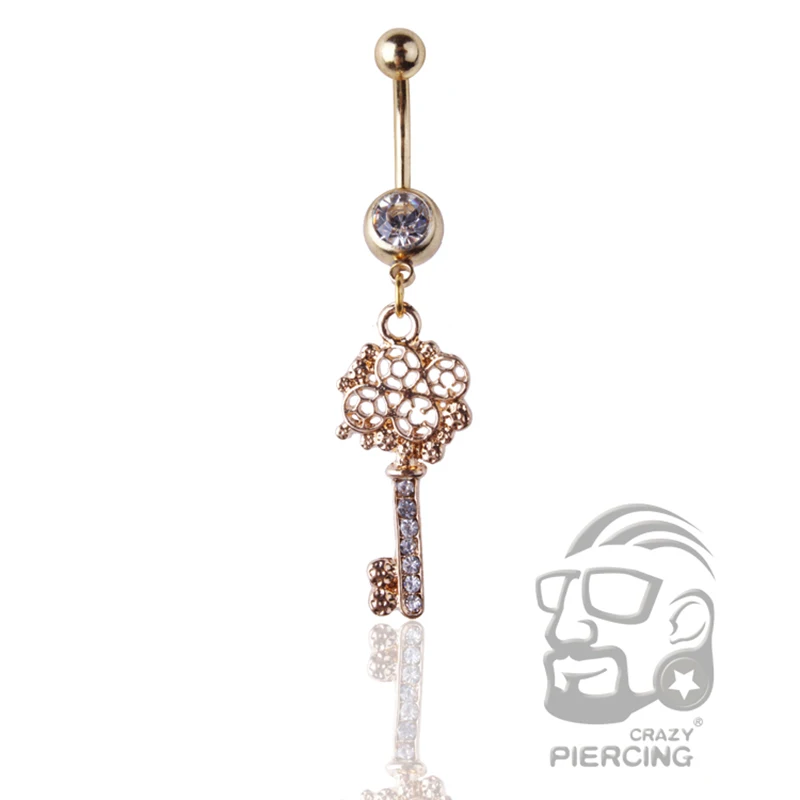 

Key shape Belly button ring Body piercing women's 316L Surgical Steel Fashion Navel Button Ring Bar Crystal