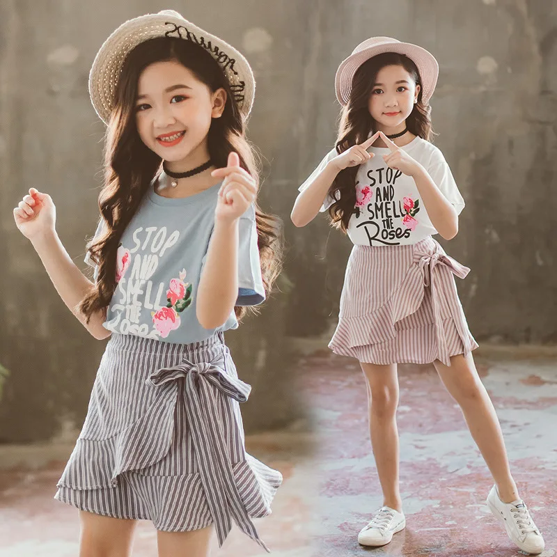

2019 summer new girls clothes sets short-sleeved printed t-shirt tops and skirt short two-pcs 9552