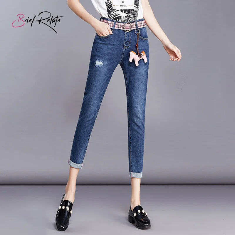 Brief Relate Blue Slim Denim Jeans Comfortable Elastic Easy Match Ninth-pants Mid-waist Curling Legs Edge Denim Pants