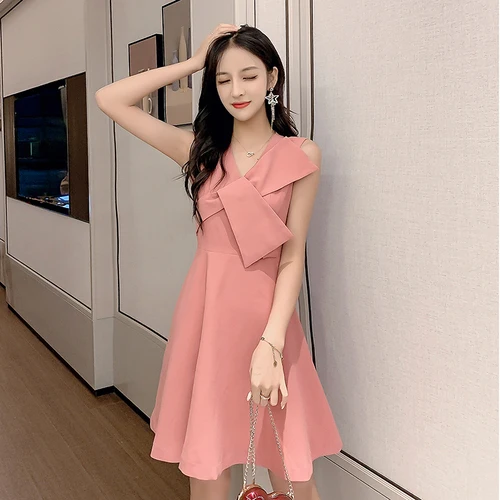 

Loose New High Waist Summer Dress A-line V Neck Fashion Women Dresses Vintage Korean Sleeveless Casual Dresses