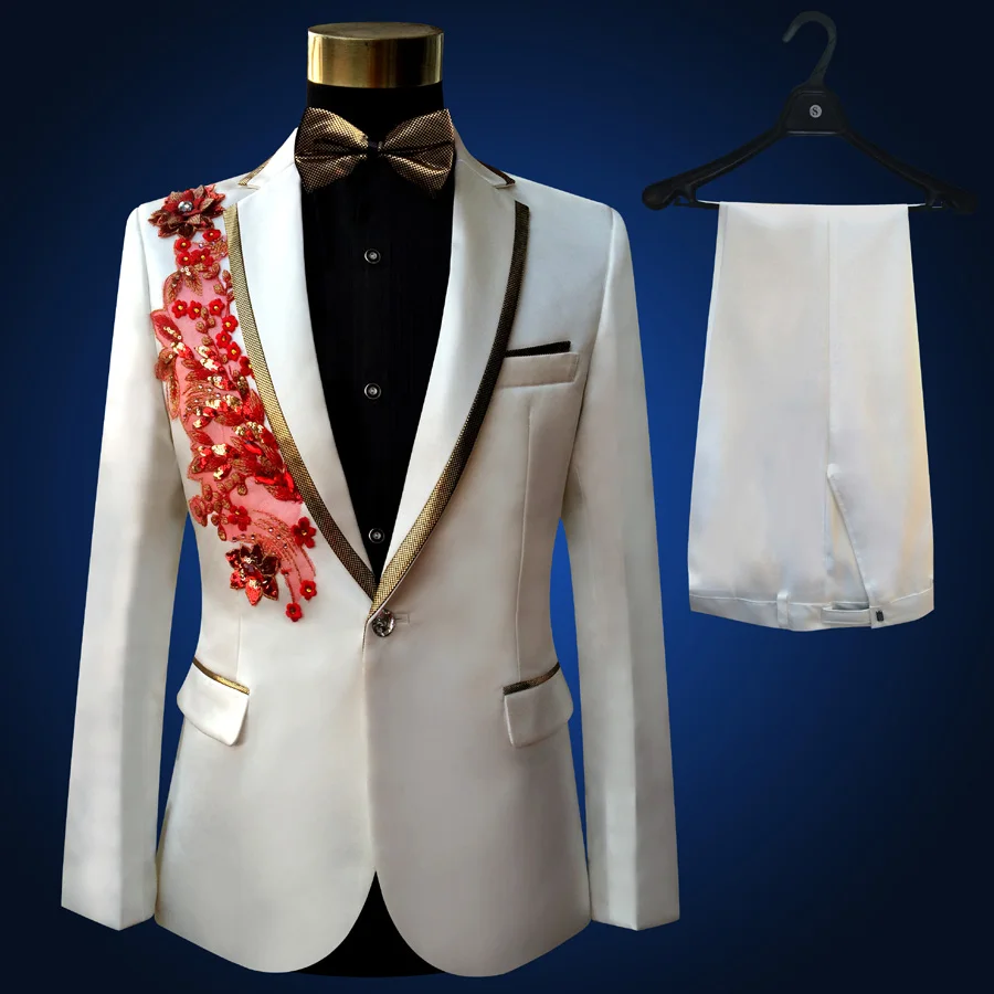 Apaixonado Masculino Anfitrião Cantor Festa À Noite Roupas de Palco Desgaste Paillette Bordado Flor Ternos de Casamento Ternos Dos Homens Magro Vermelho Conjunto