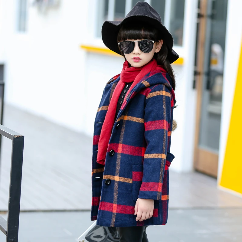 

2017 Winter Girls Wool Coats Plaid Hooeded Thick Warm Jackets for Girls Winter Woolen Children's Outerwear Coats Trench Coats