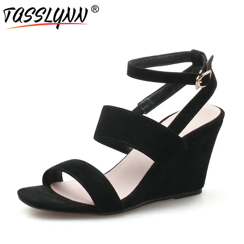 

TASSLYNN 2018 Rome Style Women Sandals Sexy Black Wedges High Heels Kid Suede Night Club Summer Shoes Women Gladiator Size 34-39