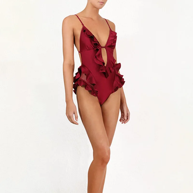 2019 Summer New Fashion Strap Charm Sexy Deep V Neck Hollow Out Ruffled Bikini Bodysuits Women