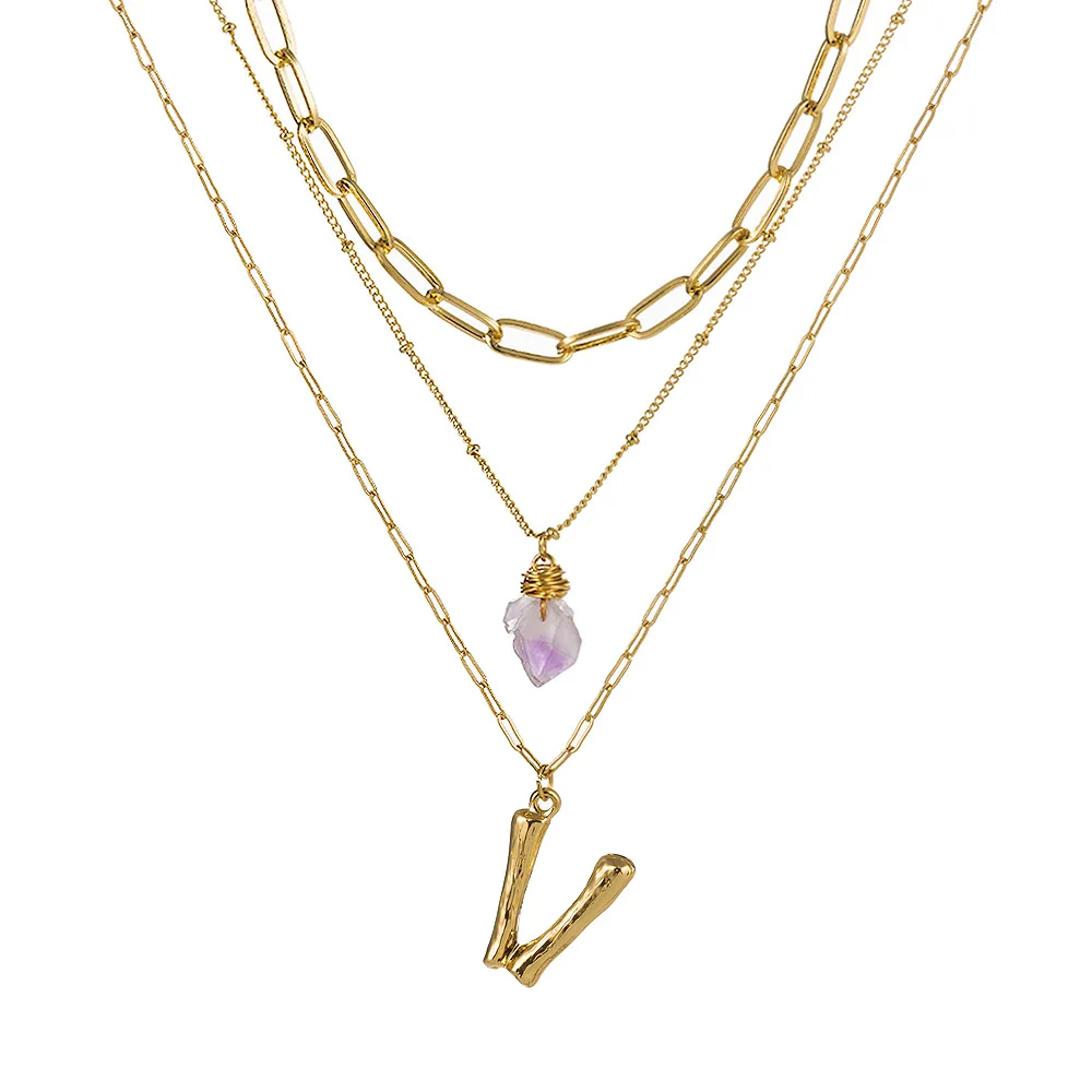 26 Письмо фиолетовый кулон из натурального камня ожерелье для женщин мода ювелирные изделия многослойное ожерелье золотой цвет новое поступление - Окраска металла: Красный
