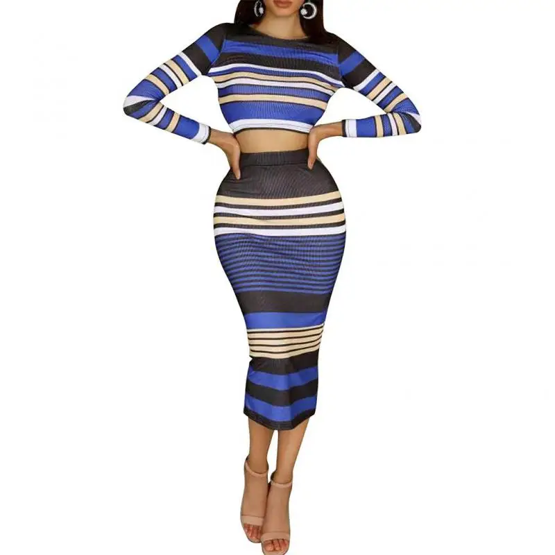 Women Skirt Set Striped Skirt Suit Long Sleeve Crop Top Suit 2019 Autumn Long Skirt Suits 2pcs Women's Sets Top And Skirt Set