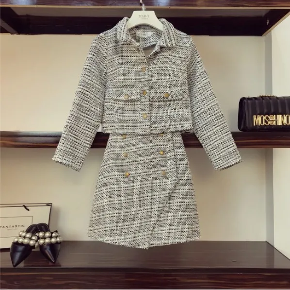 Des En Veste Et Haute 2018 rose Dames Pièces Gris Deux Taille Longues Jupe Femmes Automne À Manches Manteau Court Mode Ensemble Laine Nouvelle D'hiver ppA7nX
