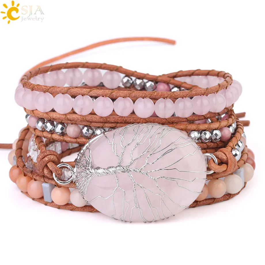 Comprar CSJA Árbol de la vida joyería de las mujeres Natural de cuarzo rosa cristal piedra encantos pulsera de cuero trenzado gemas de cuentas Wrap pulseras S349