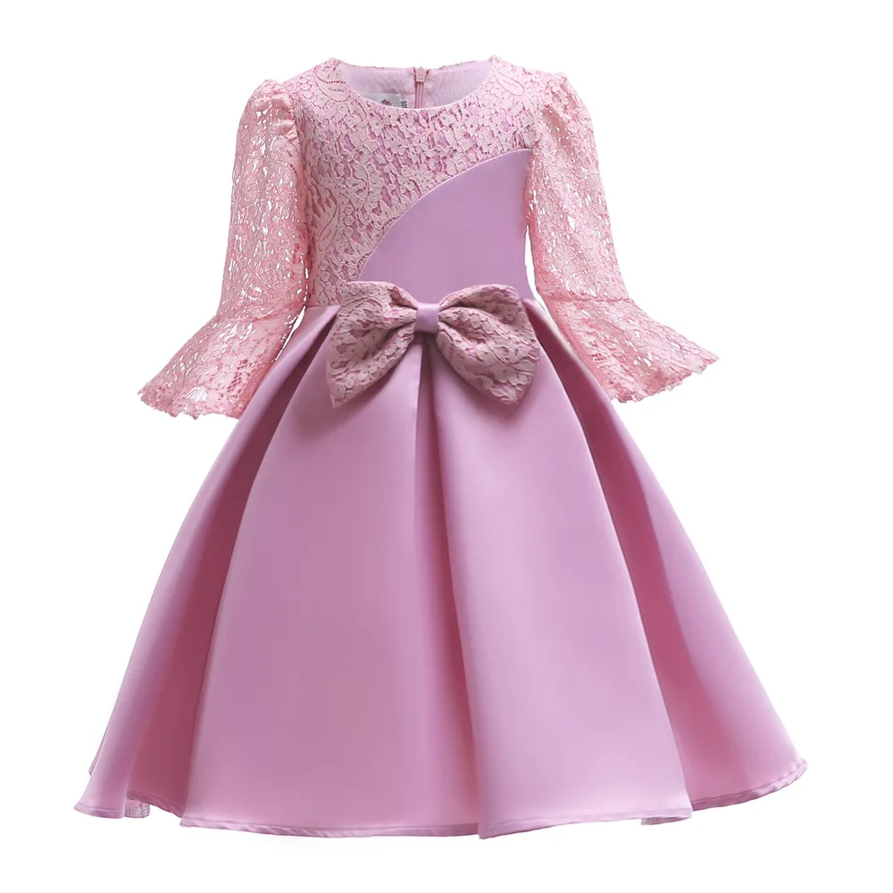 

Lace Satin Girls Dress Kids Wedding Flowers baby Girl Dress Princess Party Pageant Dress long sleeve Pink Purple Frocks